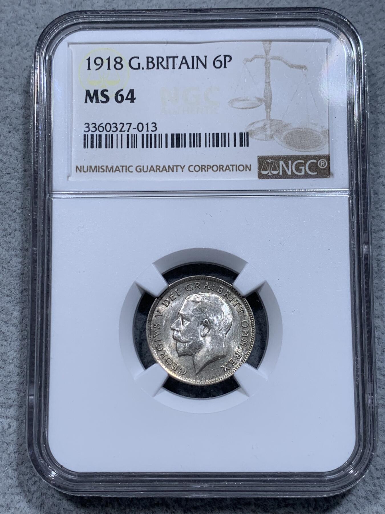 《竞宝斋》第315场 周日，周一，周二  3场连拍 （全场包邮） NGC MS64 英国1918年乔治五世6便士银币 底板干净 bu品相 原厂状态 少见年份