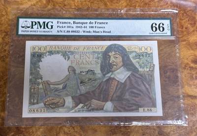 得物收藏 Chase Auction 第32期 - - 外钞、民国钞和人民币混合场！ - 1942年法国100法郎，笛卡尔，PMG66！