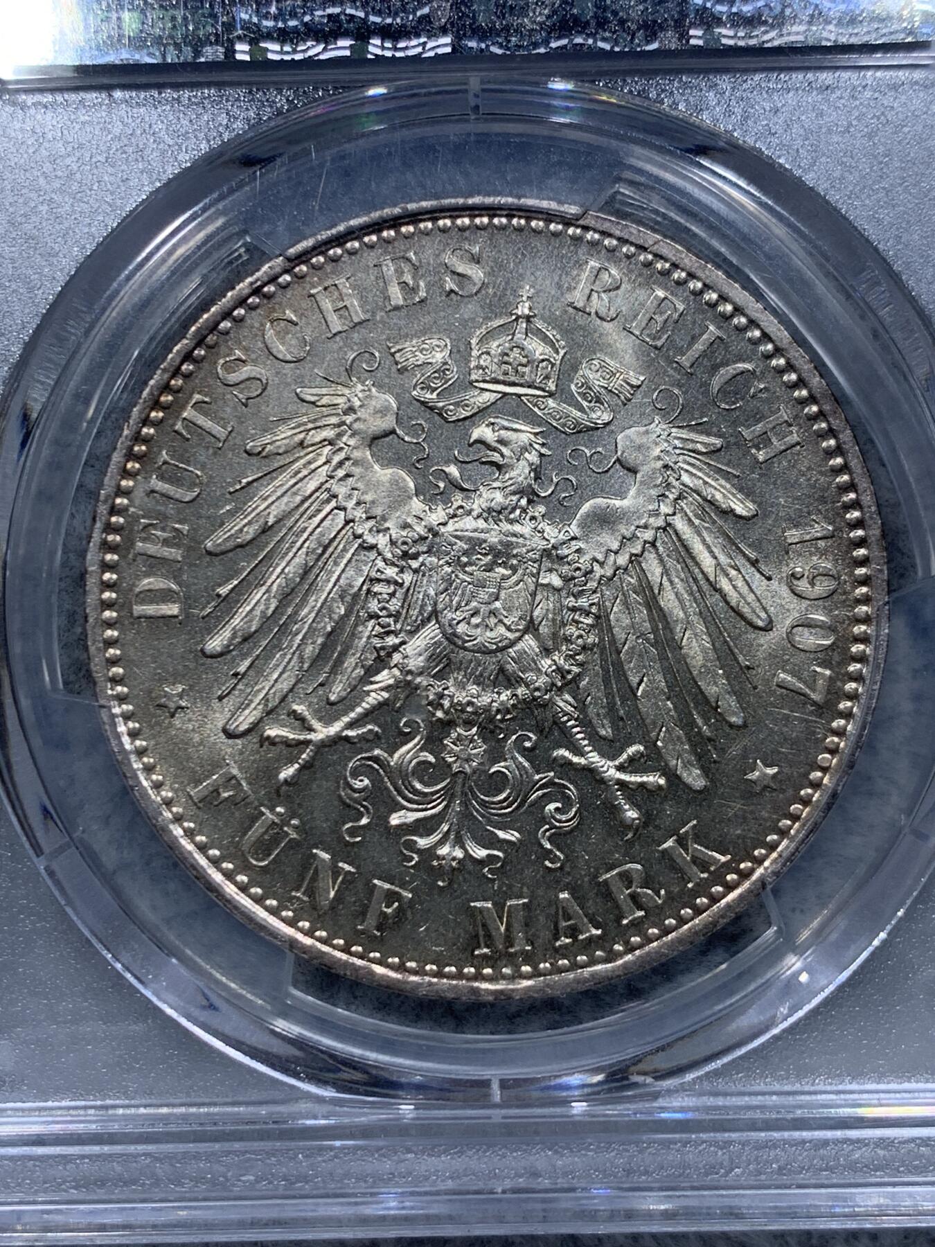 《竞宝斋》第315场 周日，周一，周二  3场连拍 （全场包邮） PCGS UNCD 德国巴伐利亚1907年奥托国王5马克大银币