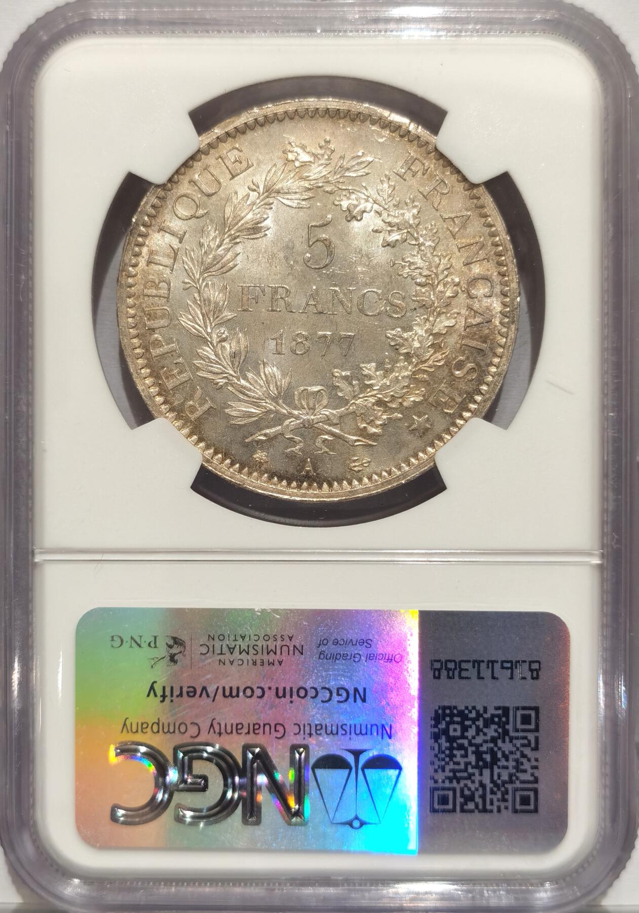 博洋堂“风染桂香”10月精品专场暨第095期（全场包邮） NGC MS64 法国1877年大力神5法郎银币 少发量型 带彩超高分