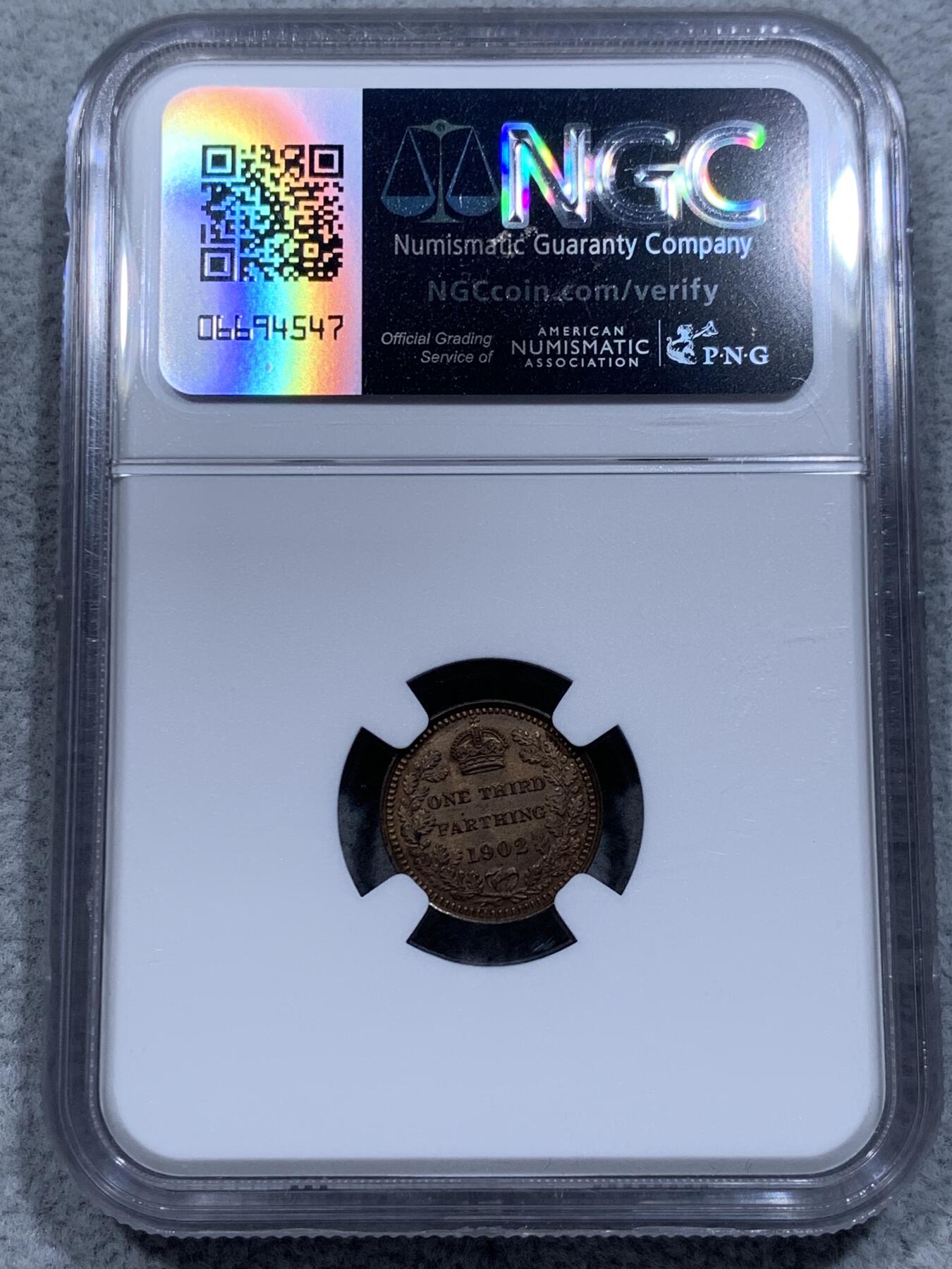 《竞宝斋》第315场 周日，周一，周二  3场连拍 （全场包邮） NGC MS64RB 英国 1902 爱德华七世 1/3法新小铜币 高分品相 细节极佳 胡须及头发清晰可见 最小面值 高分好品较少见