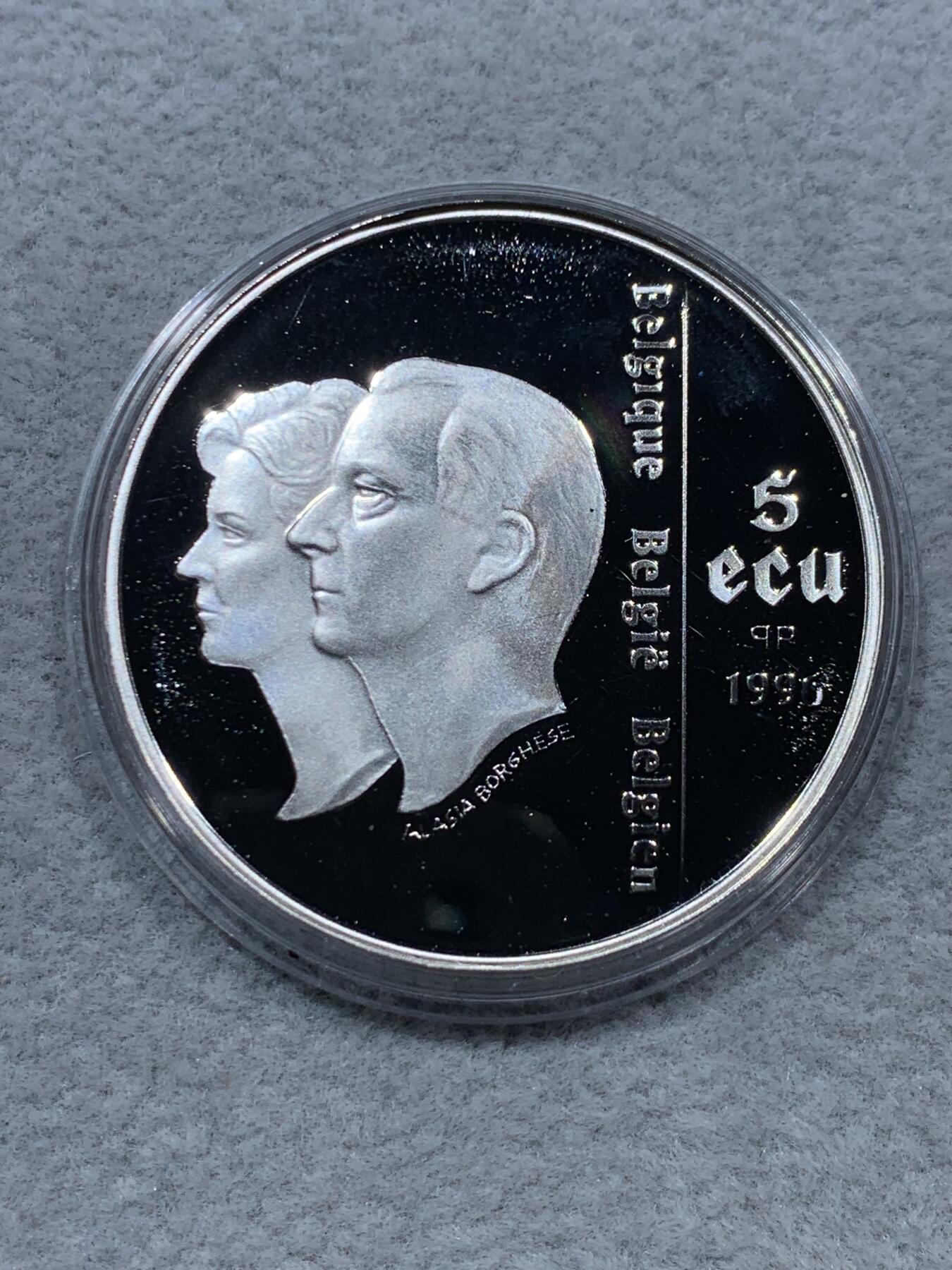 《竞宝斋》第315场 周日，周一，周二  3场连拍 （全场包邮） 比利时1996年5ECU（欧洲货币单位）精制银币 “UNICEF联合国儿童基金会成立50周年”925银 22.85克 发行量：4万枚（实际发行在2万多） 盒证全