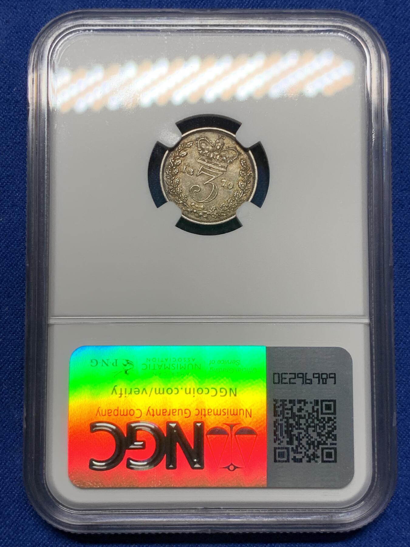 《竞宝斋》第315场 周日，周一，周二  3场连拍 （全场包邮） NGC AU58 英国小维3便士银币  较少年份  带彩 细节很好  略低评了