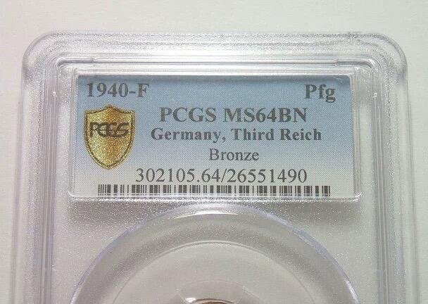 金盾PCGS MS64 德国第三帝国1940年F版1芬尼 难得开卷原光