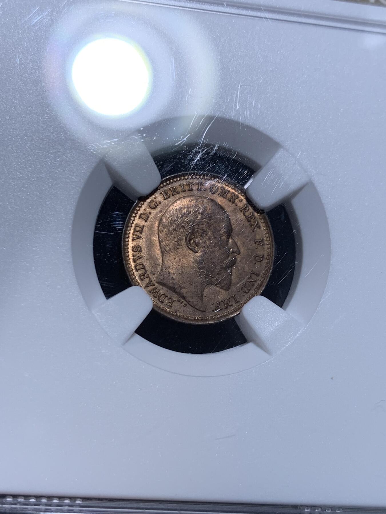 《竞宝斋》第315场 周日，周一，周二  3场连拍 （全场包邮） NGC MS64RB 英国 1902 爱德华七世 1/3法新小铜币 高分品相 细节极佳 胡须及头发清晰可见 最小面值 高分好品较少见