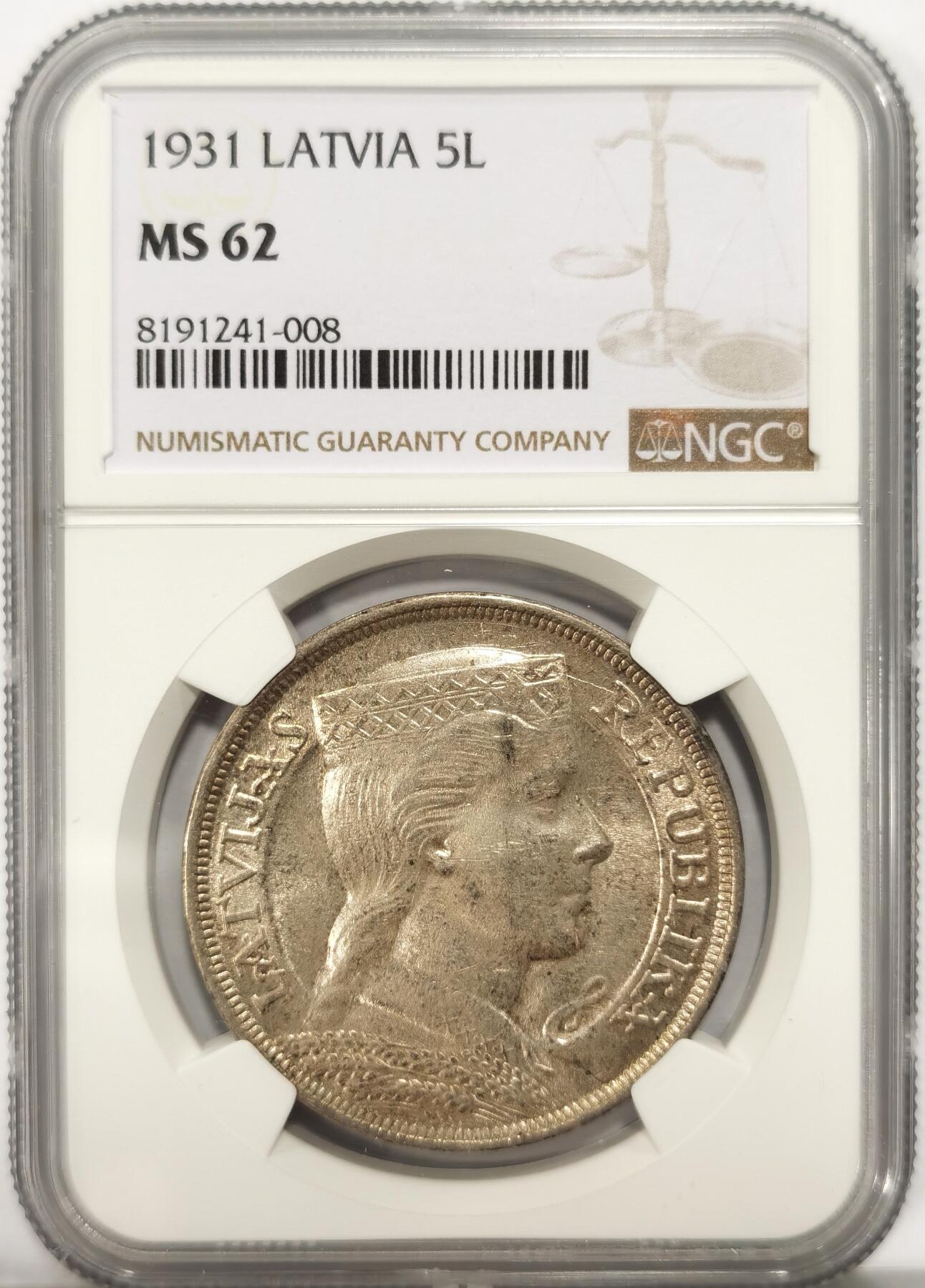 博洋堂“风染桂香”10月精品专场暨第095期（全场包邮） NGC MS62 拉脱维亚1931年少女头像5拉特银币