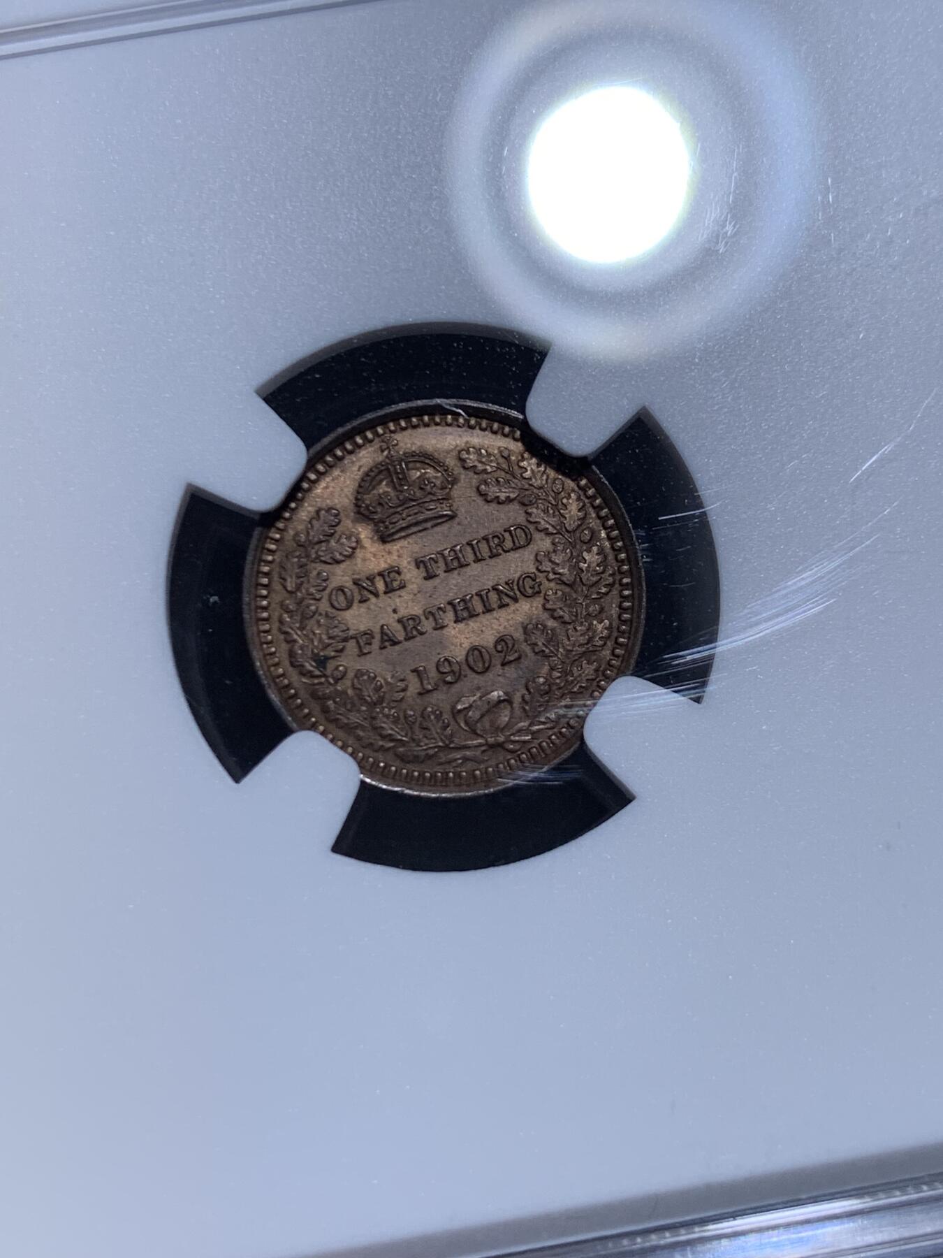 《竞宝斋》第315场 周日，周一，周二  3场连拍 （全场包邮） NGC MS64RB 英国 1902 爱德华七世 1/3法新小铜币 高分品相 细节极佳 胡须及头发清晰可见 最小面值 高分好品较少见