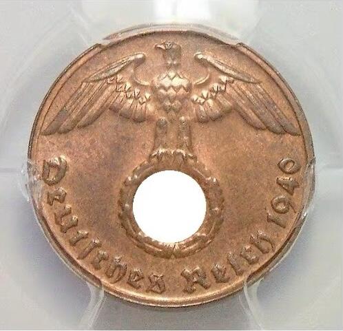 金盾PCGS MS65RB 德国第三帝国1940年G版1芬尼 难得开卷原光