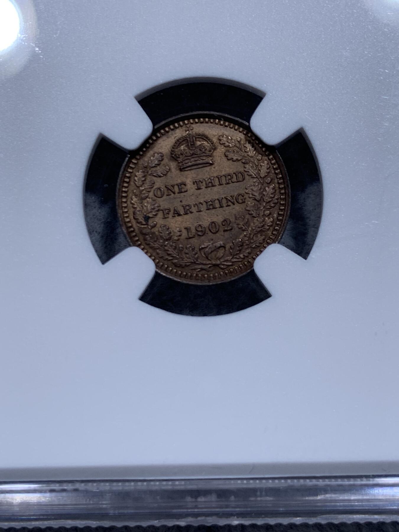 《竞宝斋》第315场 周日，周一，周二  3场连拍 （全场包邮） NGC MS64RB 英国 1902 爱德华七世 1/3法新小铜币 高分品相 细节极佳 胡须及头发清晰可见 最小面值 高分好品较少见