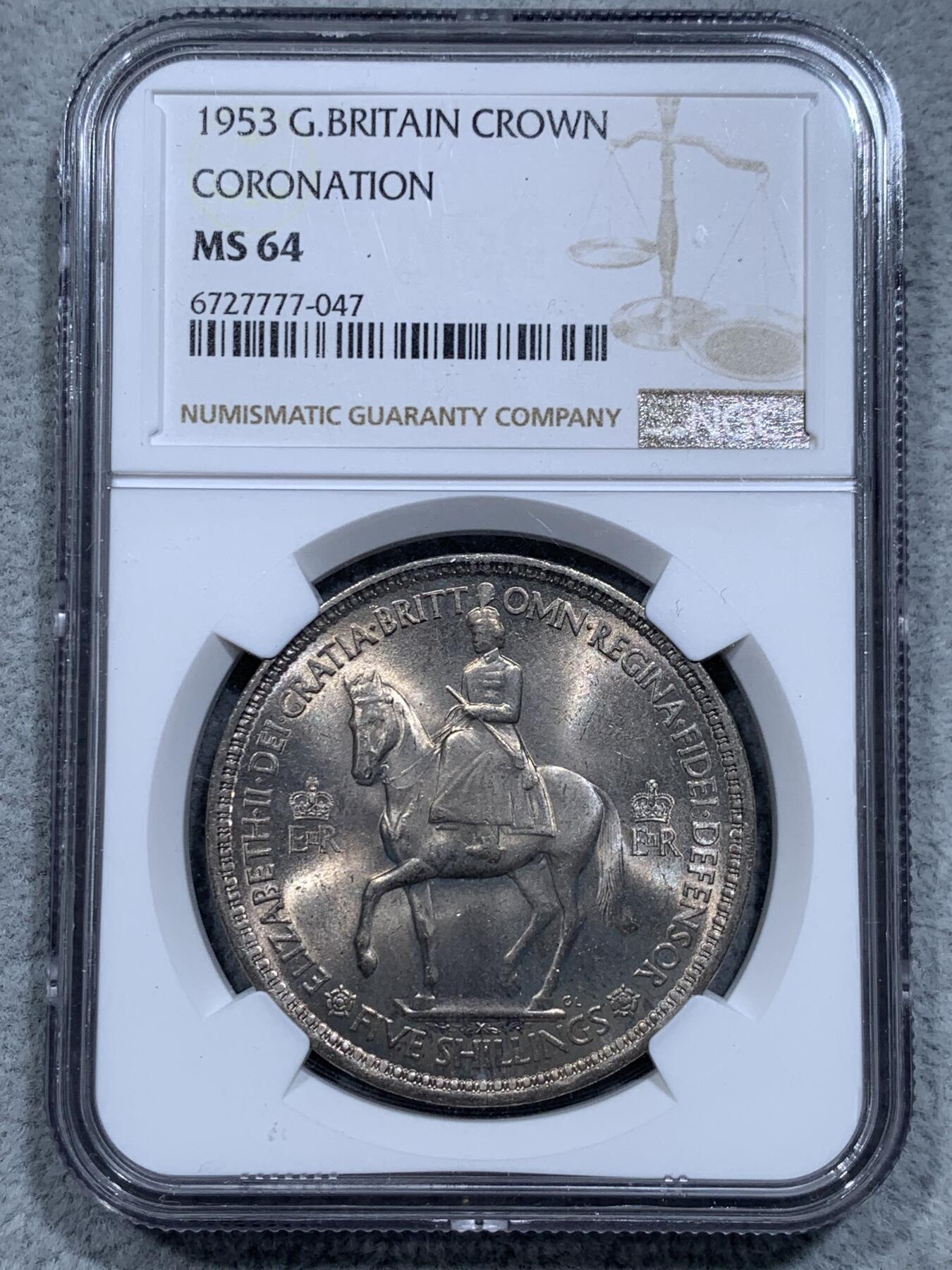 《竞宝斋》第315场 周日，周一，周二  3场连拍 （全场包邮） NGC MS64 英国1953年伊丽莎白二世登基纪念克朗