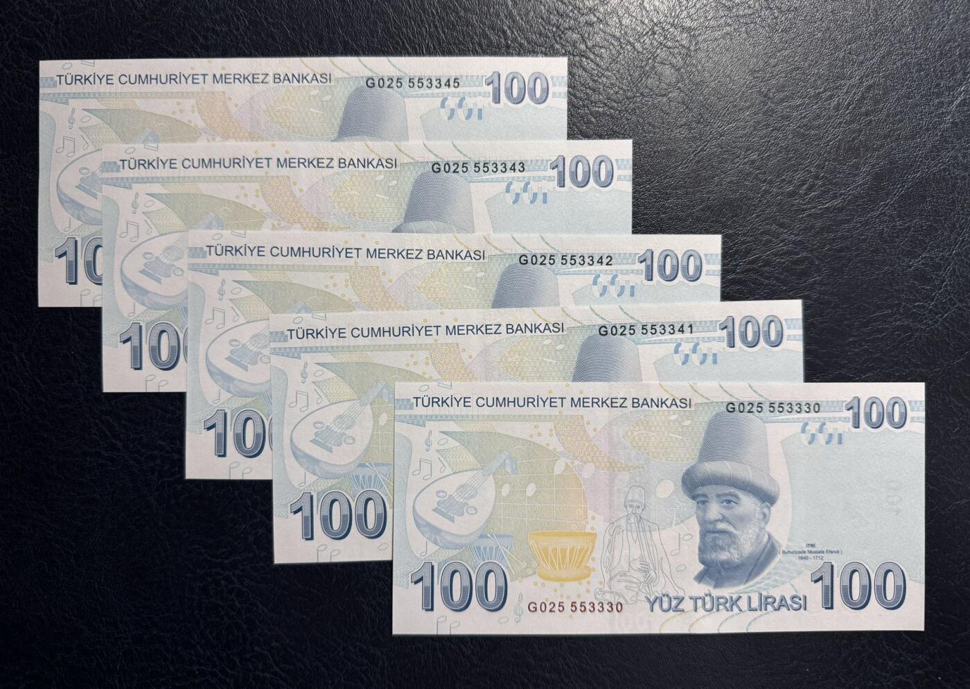 收藏联盟Quantum Auction 第382期拍卖  土耳其2009版100里拉五连号 品相全新UNC 音乐家和诗人 伊德里