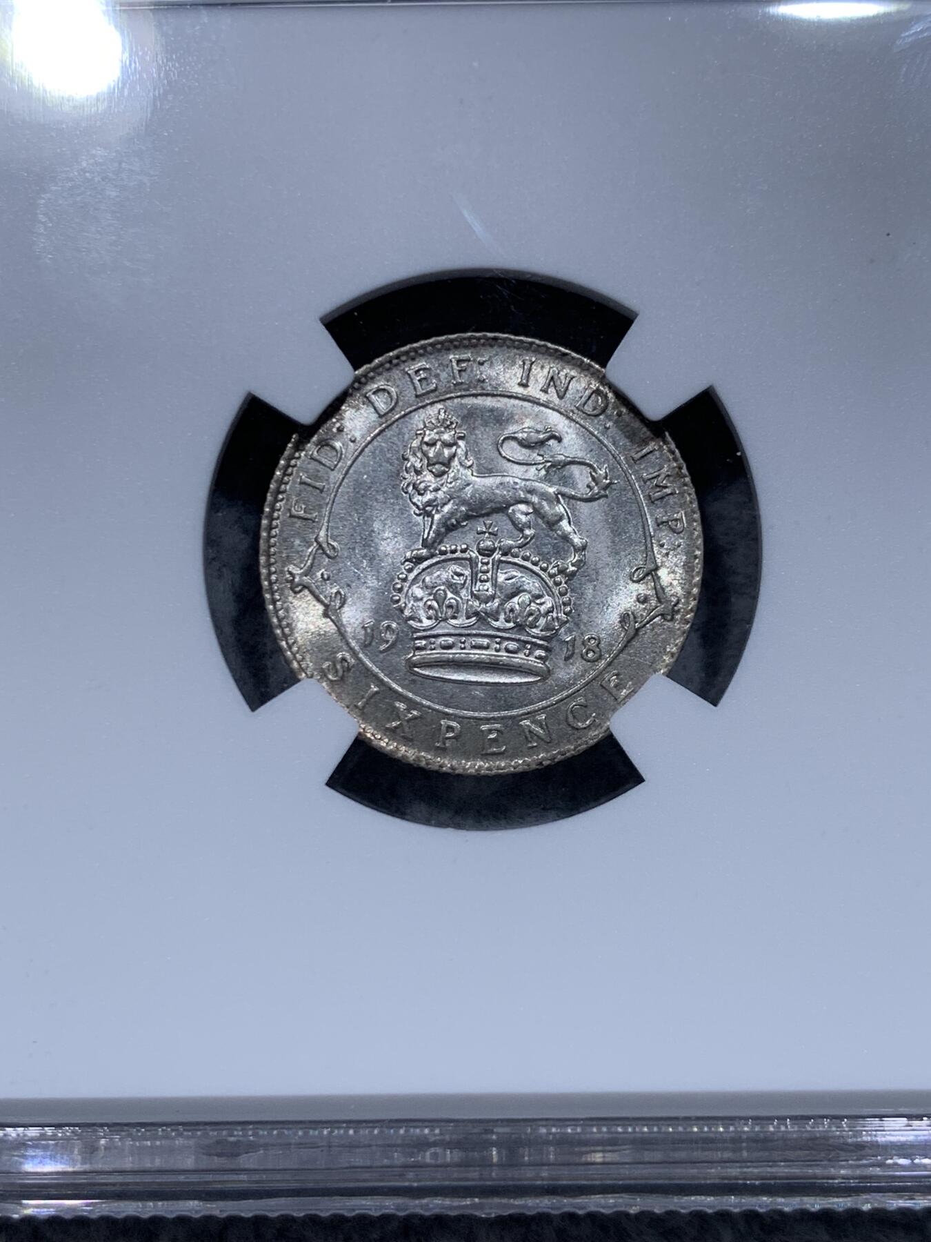 《竞宝斋》第315场 周日，周一，周二  3场连拍 （全场包邮） NGC MS64 英国1918年乔治五世6便士银币 底板干净 bu品相 原厂状态 少见年份