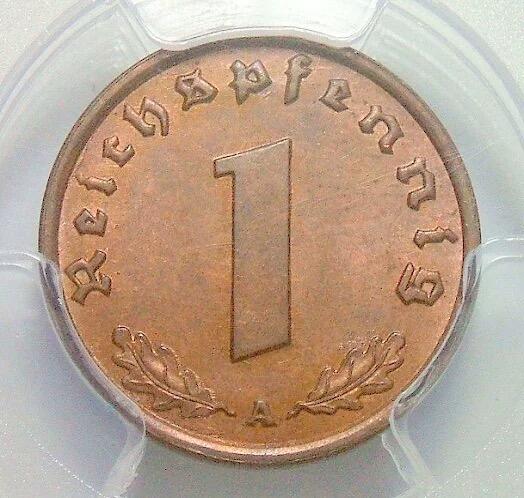 金盾PCGS MS64RB 德国第三帝国1940年1芬尼 难得开卷原光