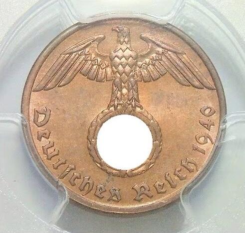 金盾PCGS MS64RB 德国第三帝国1940年1芬尼 难得开卷原光