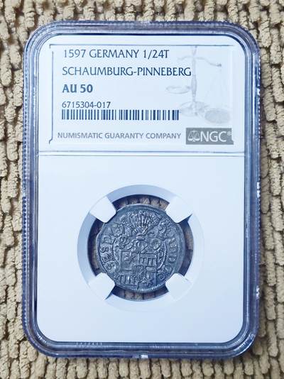 07月13日 世界币章 - 珍稀品：1597年 德国《石勒苏益格-绍恩堡》1/24泰勒 银币 NGC AU50（超一流品相） 