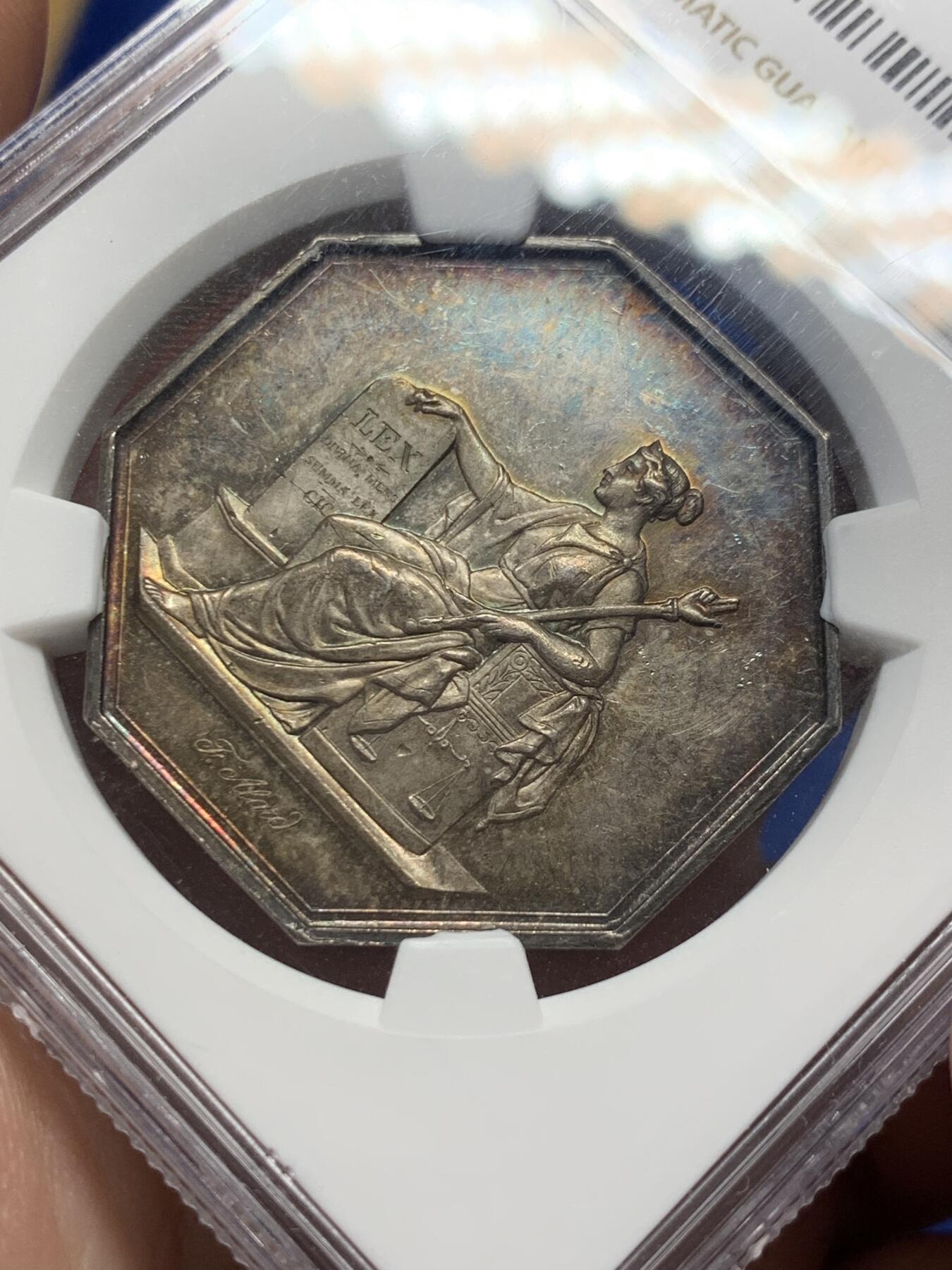 《竞宝斋》第316场 周日，周一，周二  3场连拍 （全场包邮） NGC MS61 法国1849年巴黎公证人纪念八角银章