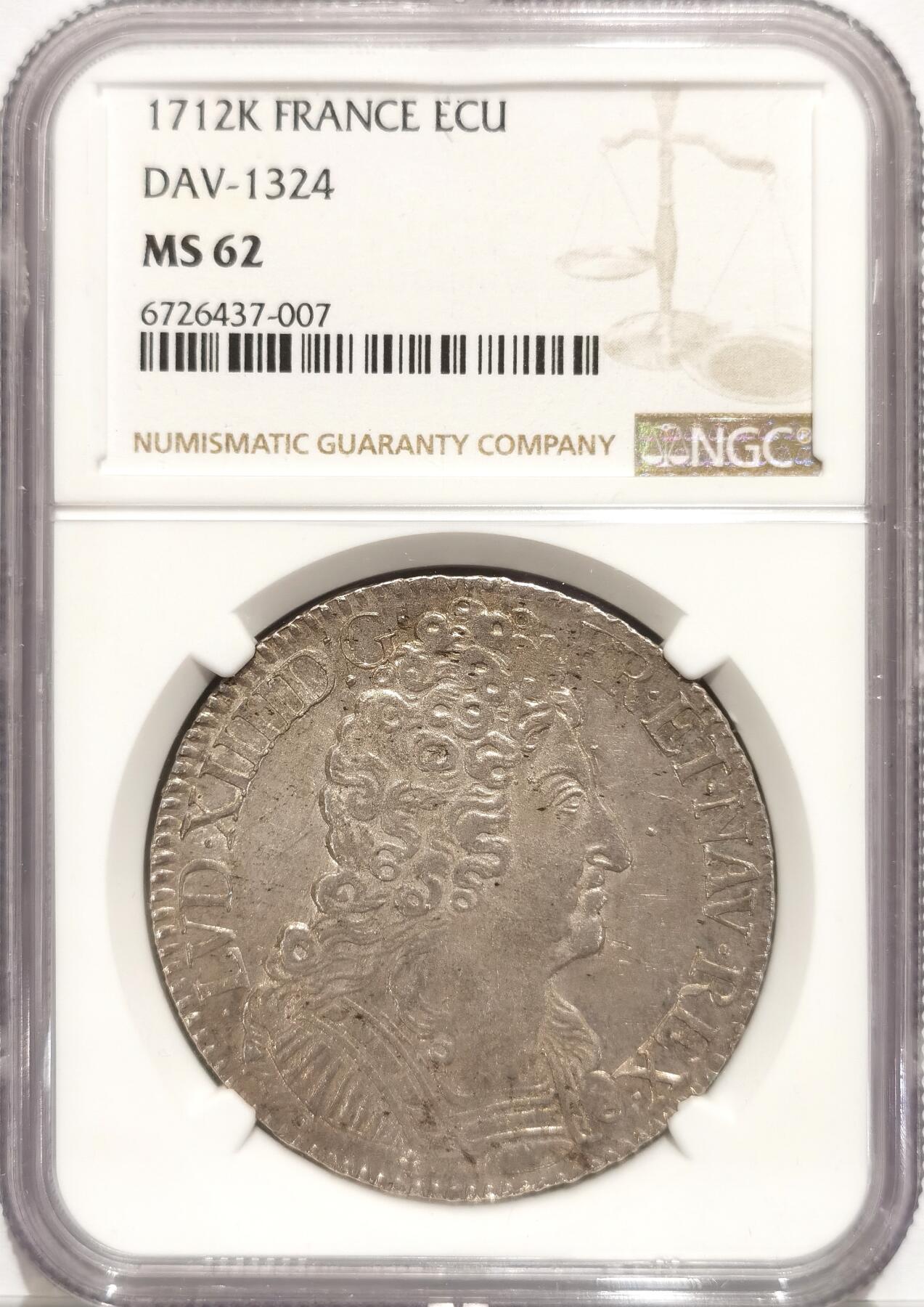 博洋堂“风染桂香”10月精品专场暨第095期（全场包邮） NGC MS62 法国1712年K厂太阳王路易十四三皇冠埃居大银 欧陆灰包浆 冠军分数