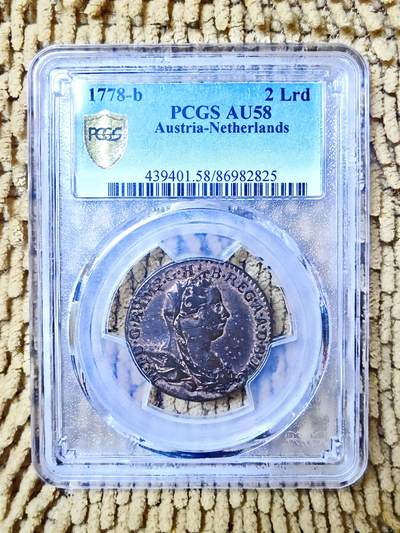 08月02日 🌏地球币章 - 稀品：1778年 奥属尼德兰 2Lrd 大奶妈铜币 PCGS AU58（超一流品相 大面积局部原光）