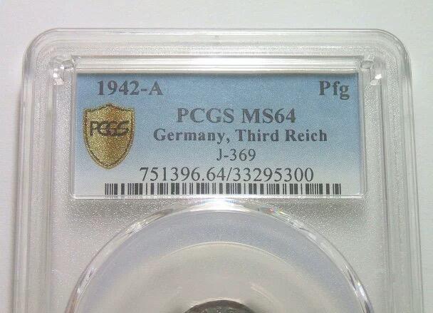 金盾PCGS MS64 德国第三帝国1942年1芬尼 难得开卷原光