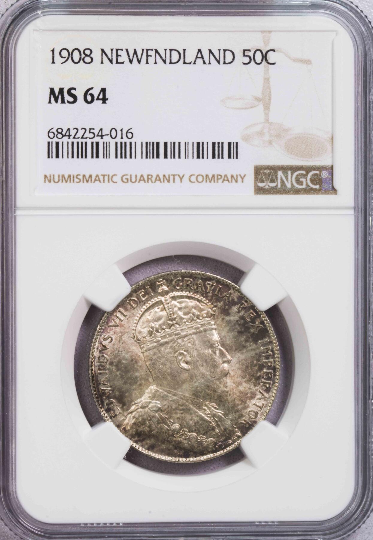 NGC-MS64 1908纽芬兰群岛爱七50分银币 唯一冠军最大面值