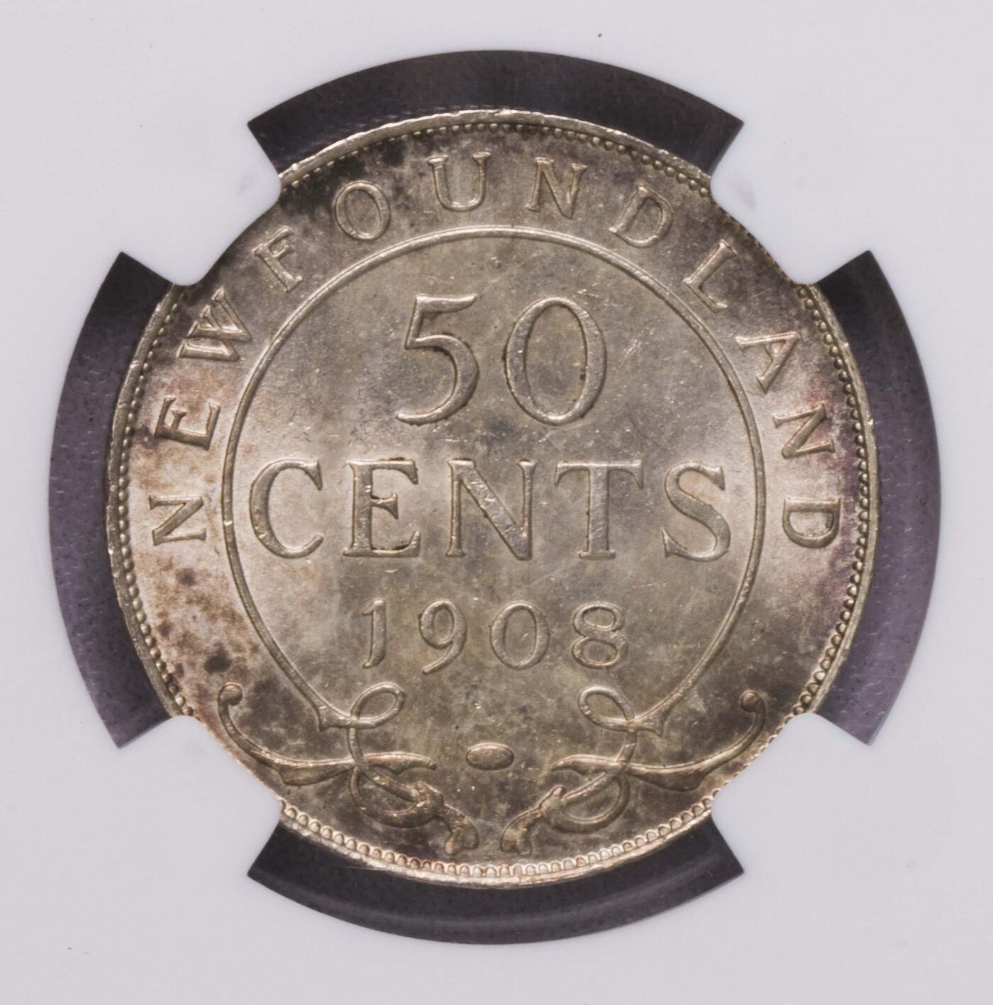 NGC-MS64 1908纽芬兰群岛爱七50分银币 唯一冠军最大面值
