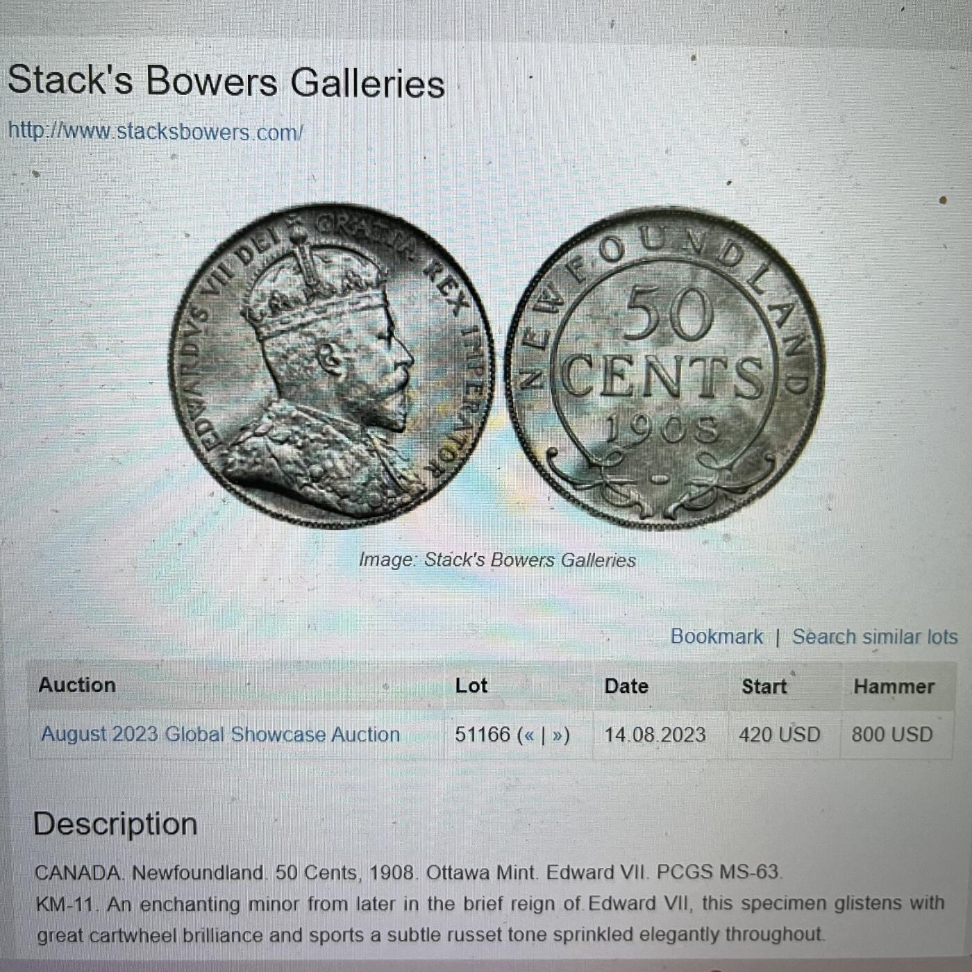 NGC-MS64 1908纽芬兰群岛爱七50分银币 唯一冠军最大面值