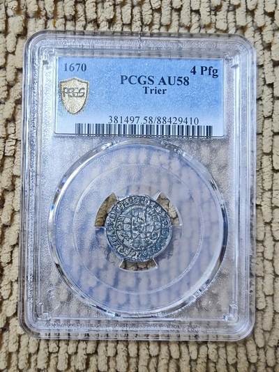 07月17日 世界币章 - 珍品：1670年版 德国《特里尔 耶稣钥匙》4芬尼 银币 PCGS AU58（超一流品相）