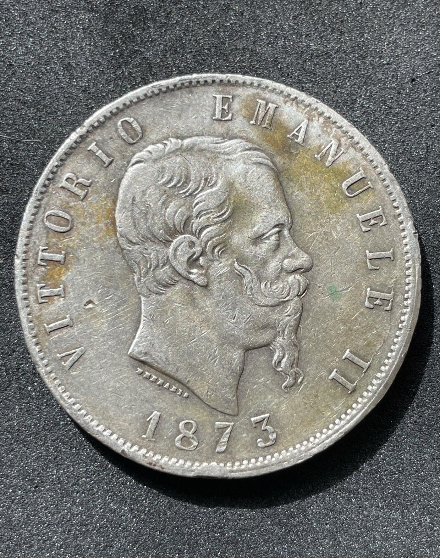 意大利1873年埃马努埃尔二世5里拉大银币37MM25克900银