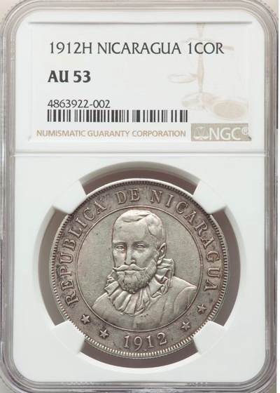 NGC AU53老盒1912年尼加拉瓜1科尔多巴大太阳公公大银币 - NGC AU53老盒1912年尼加拉瓜1科尔多巴大太阳公公大银币