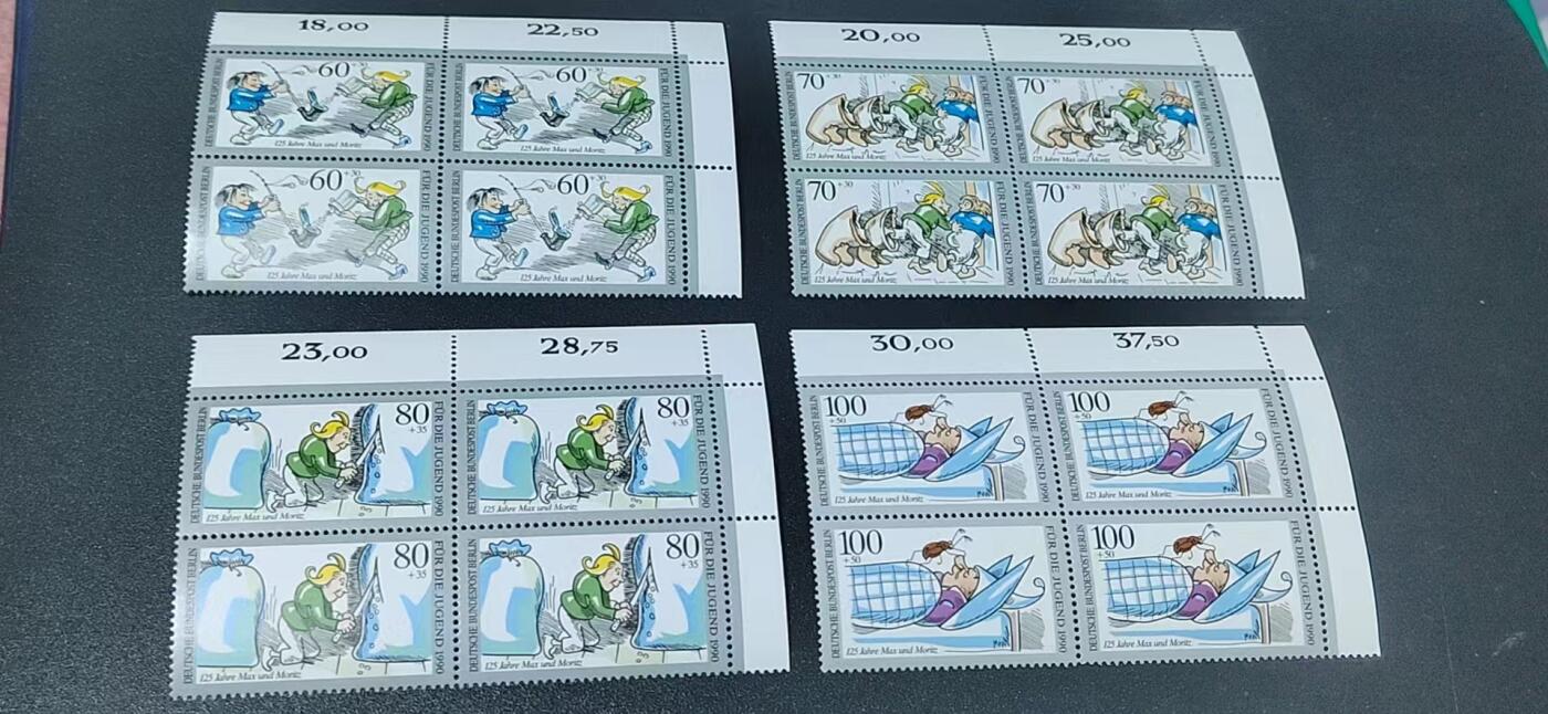 德国邮票专场，都是四方连套票！版别多多！ 德国邮票  四方联一套  1990年  布施童话麦克斯和摩利兹  4全