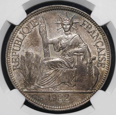 修遠堂世界钱币第四十三期 全场包邮 - 极美五彩 NGC MS62 1922年法属印支坐人大银币 H厂铭 喜敦厂造