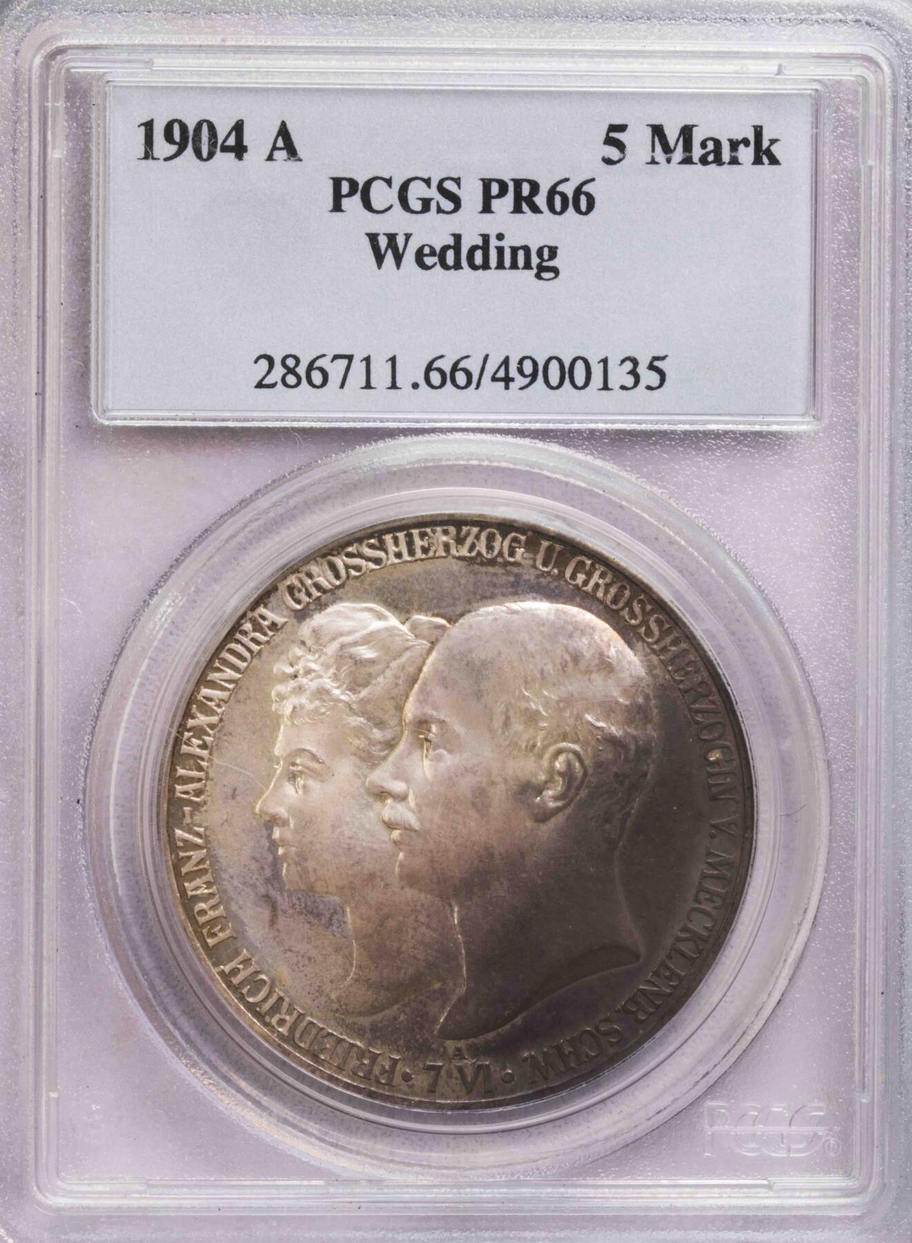 PCGS-PR66 1904梅克伦堡皇家婚礼5马克大银币 亚军精制