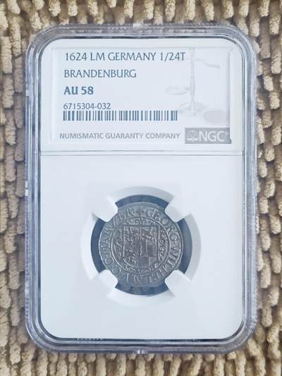 04月10日 - 珍稀品：德国 1624年版 勃兰登堡 1/24泰勒 银币 NGC-AU58（超一流品相）