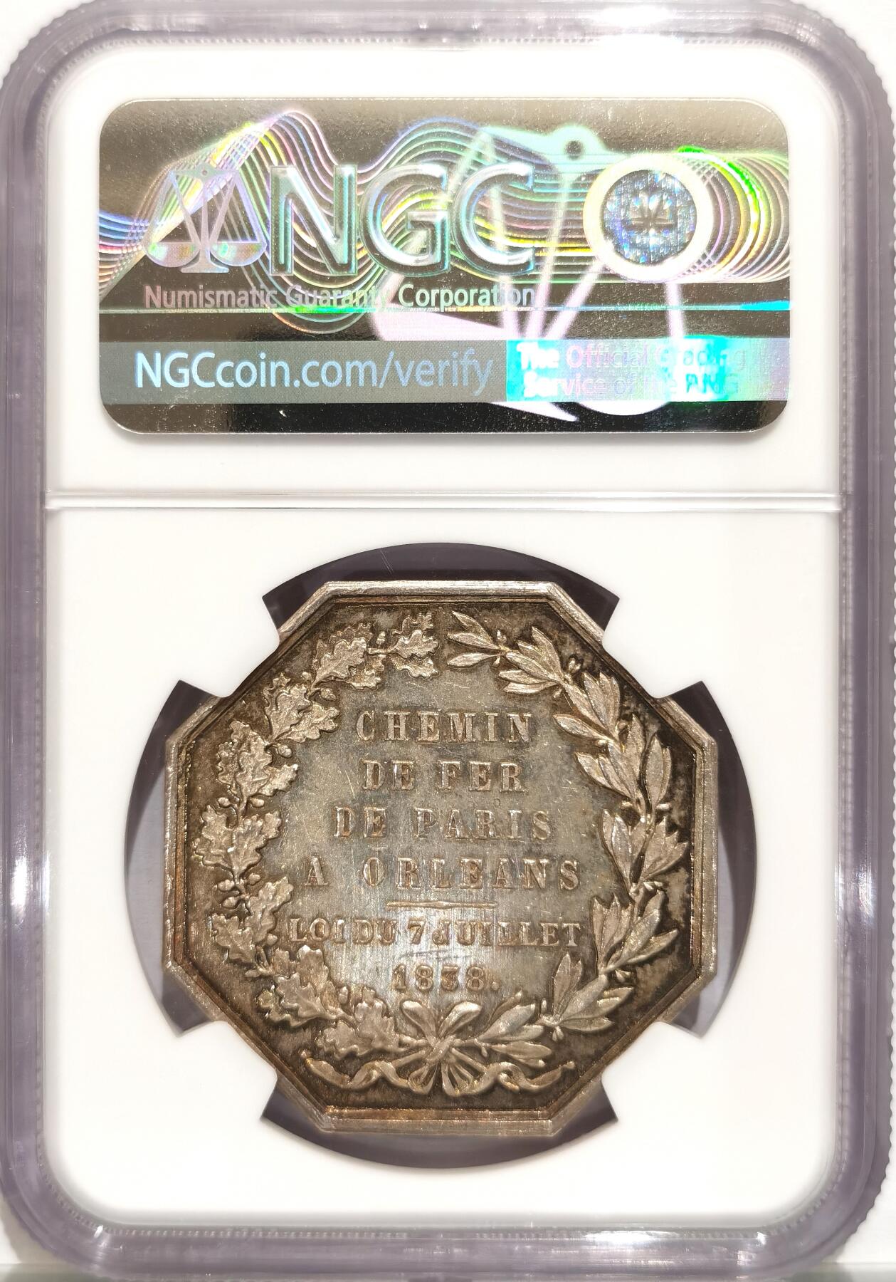 博洋堂“风染桂香”10月精品专场暨第095期（全场包邮） NGC MS61 法国1838年巴黎奥尔良铁路八角银质代币，丰饶角边铭，黄油包浆，直径36毫米