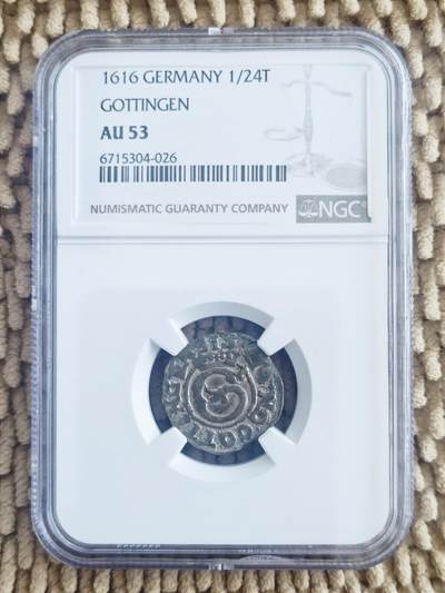 07月11日 世界币章 - 珍稀品：1616年 德国《哥廷根》1/24泰勒 银币 NGC AU53（超一流品相）