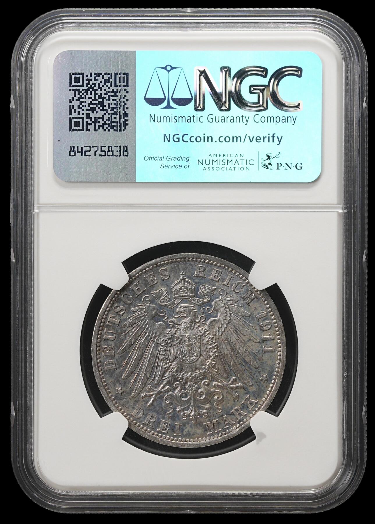 修遠堂世界钱币第四十三期 全场包邮 NGC MS62 1911年绍姆堡-利珀大公国大公逝世纪念3马克银币 少见品种 仅铸造5万枚