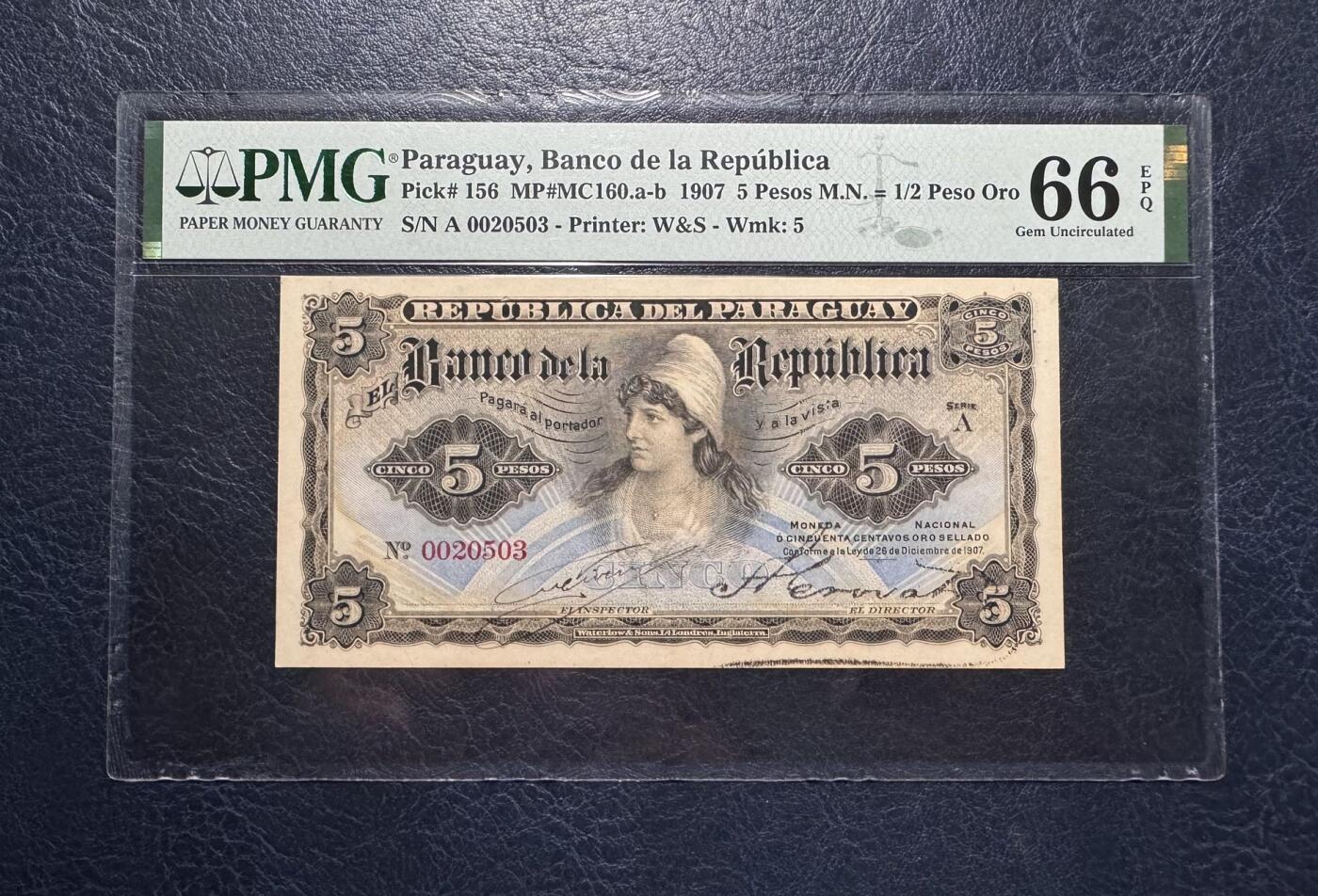 收藏联盟Quantum Auction 第383期拍卖  巴拉圭1907年5比索M.N. = 1/2银币MP 首发A冠 PMG66 号码无347