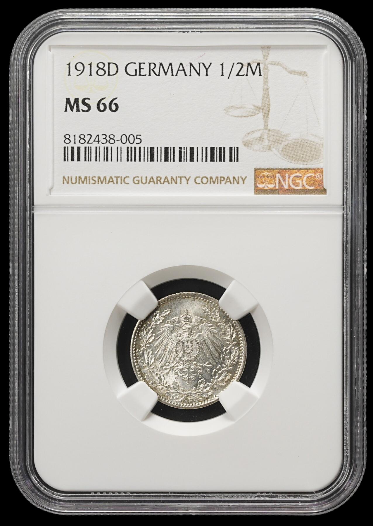 修遠堂世界钱币第四十三期 全场包邮 NGC MS66 1918年德国1/2马克银币