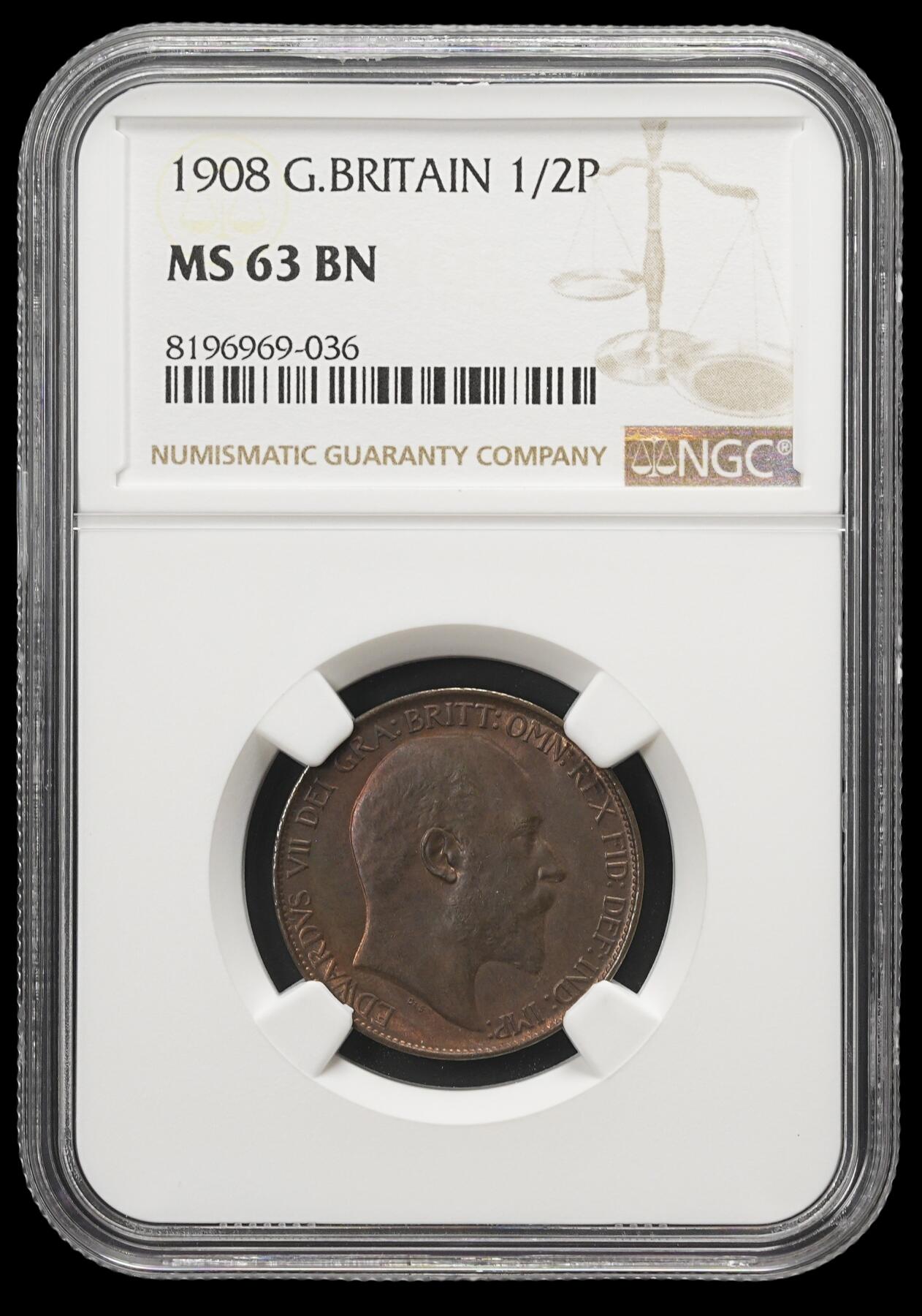 修遠堂世界钱币第四十三期 全场包邮 NGC MS63BN 1908年英国1/2便士铜币