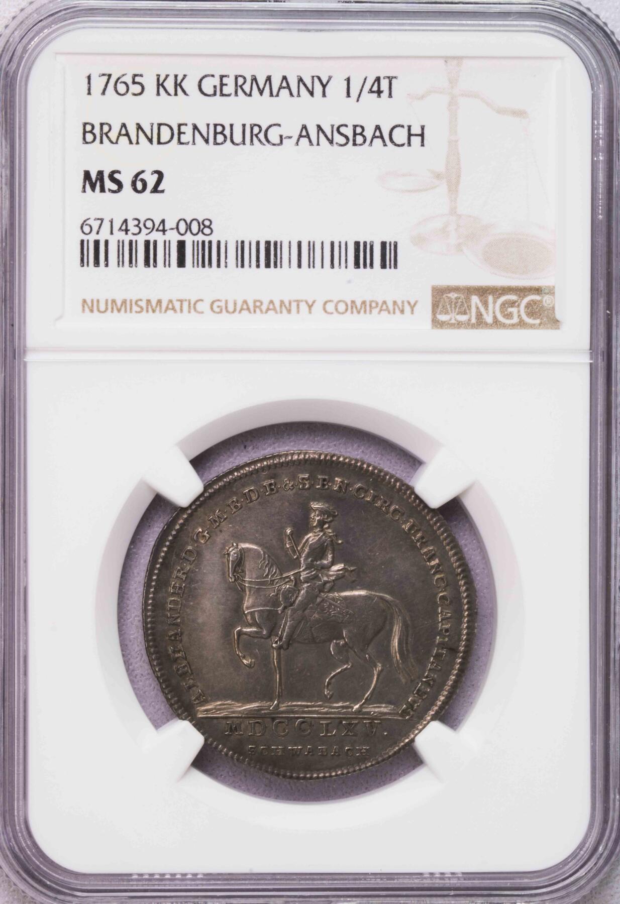 NGC-MS62 1765勃兰登堡骑马1/4泰勒银币 季军老包浆