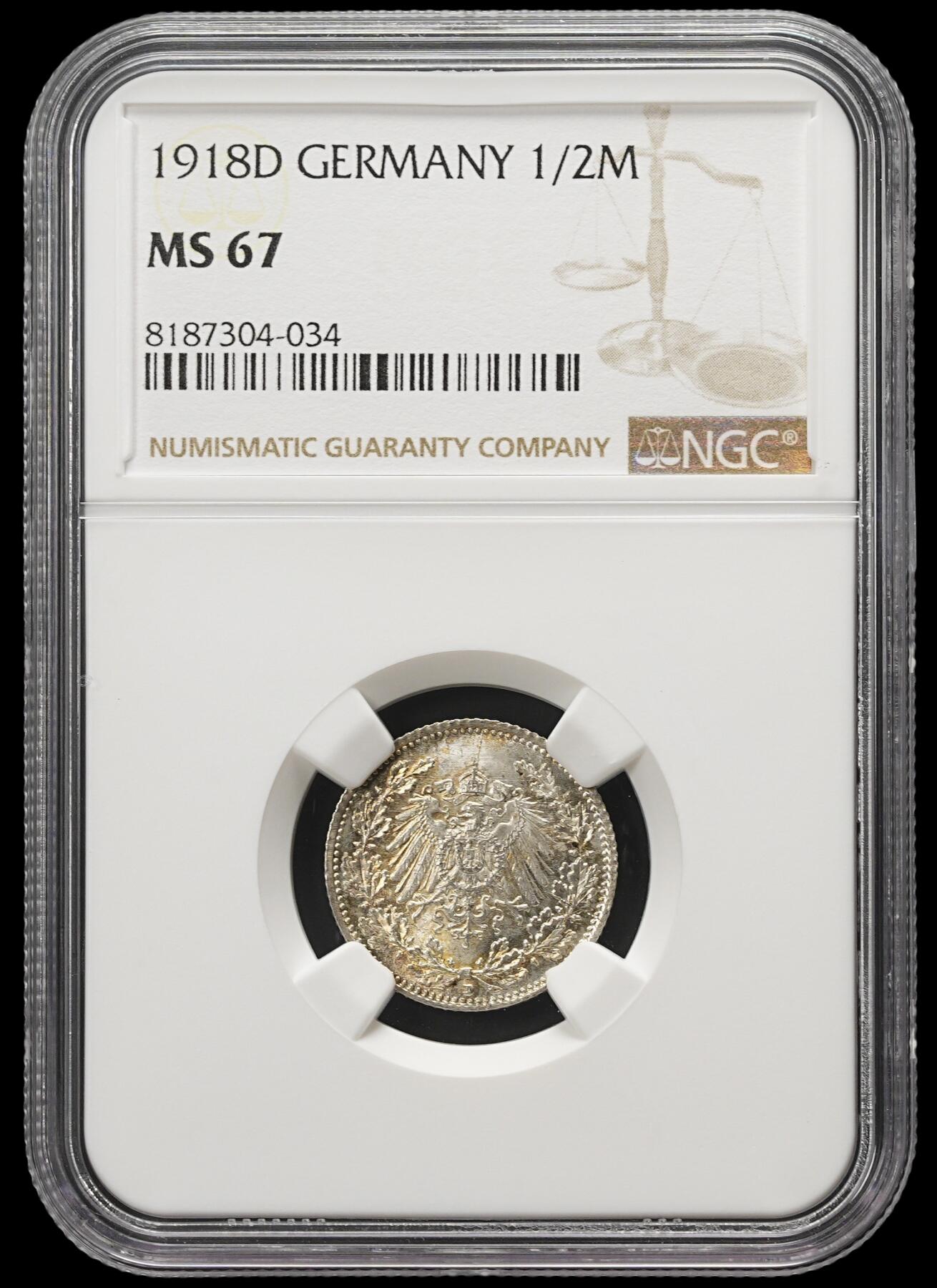 修遠堂世界钱币第四十三期 全场包邮 NGC MS67 1918年德国1/2马克银币