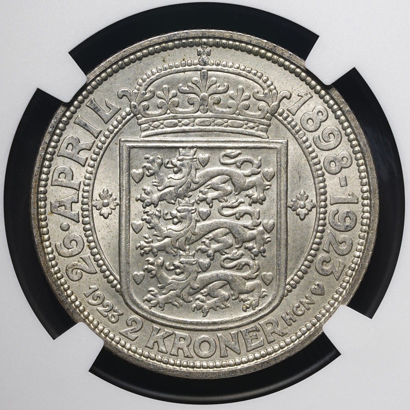 修遠堂世界钱币第四十三期 全场包邮 NGC MS65 1923年丹麦国王银婚纪念2克朗银币