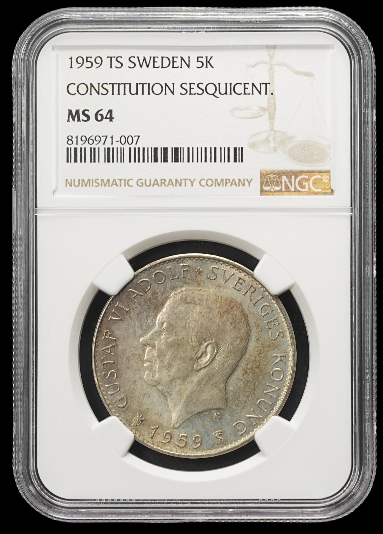 修遠堂世界钱币第四十三期 全场包邮 NGC MS64 1959年瑞典宪法150周年纪念5克朗银币 18G