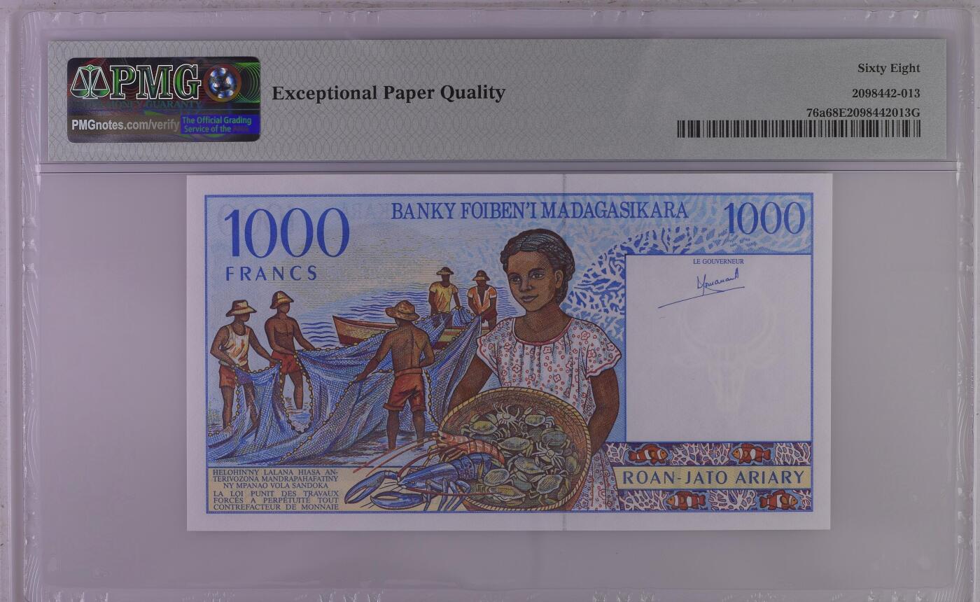 收藏联盟Quantum Auction 第383期拍卖  马达加斯加1994年1000法郎 = 200里亚尔首发A冠  PMG68 号码无4