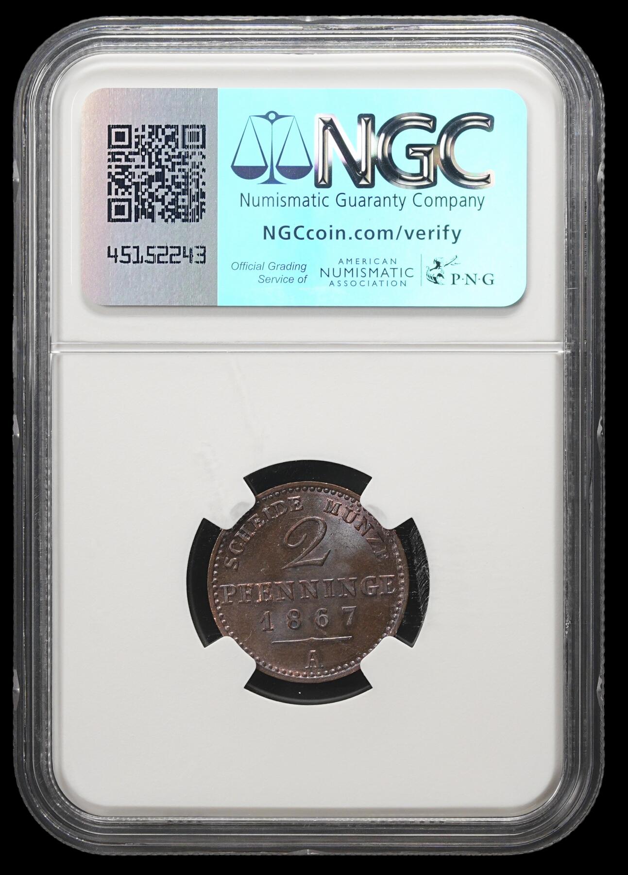修遠堂世界钱币第四十三期 全场包邮 NGC MS65BN 1867年普鲁士2芬尼铜币