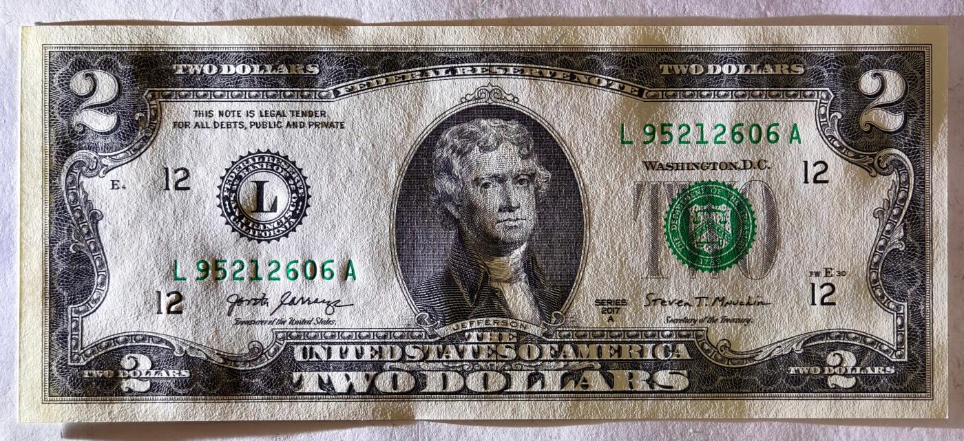 紫瑗钱币——第461期——纸币场 美国 2017年 L版 A序列 托马斯.杰斐逊 2美元 UNC 刀拆货