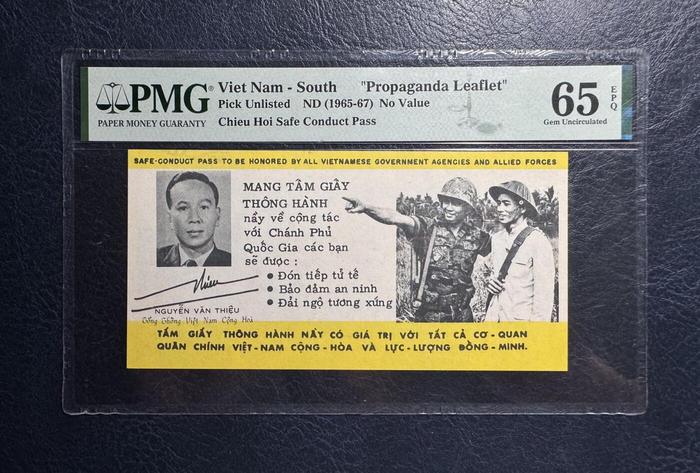 收藏联盟Quantum Auction 第383期拍卖  南越1965-67年美国联投放劝降安全证 PMG65
