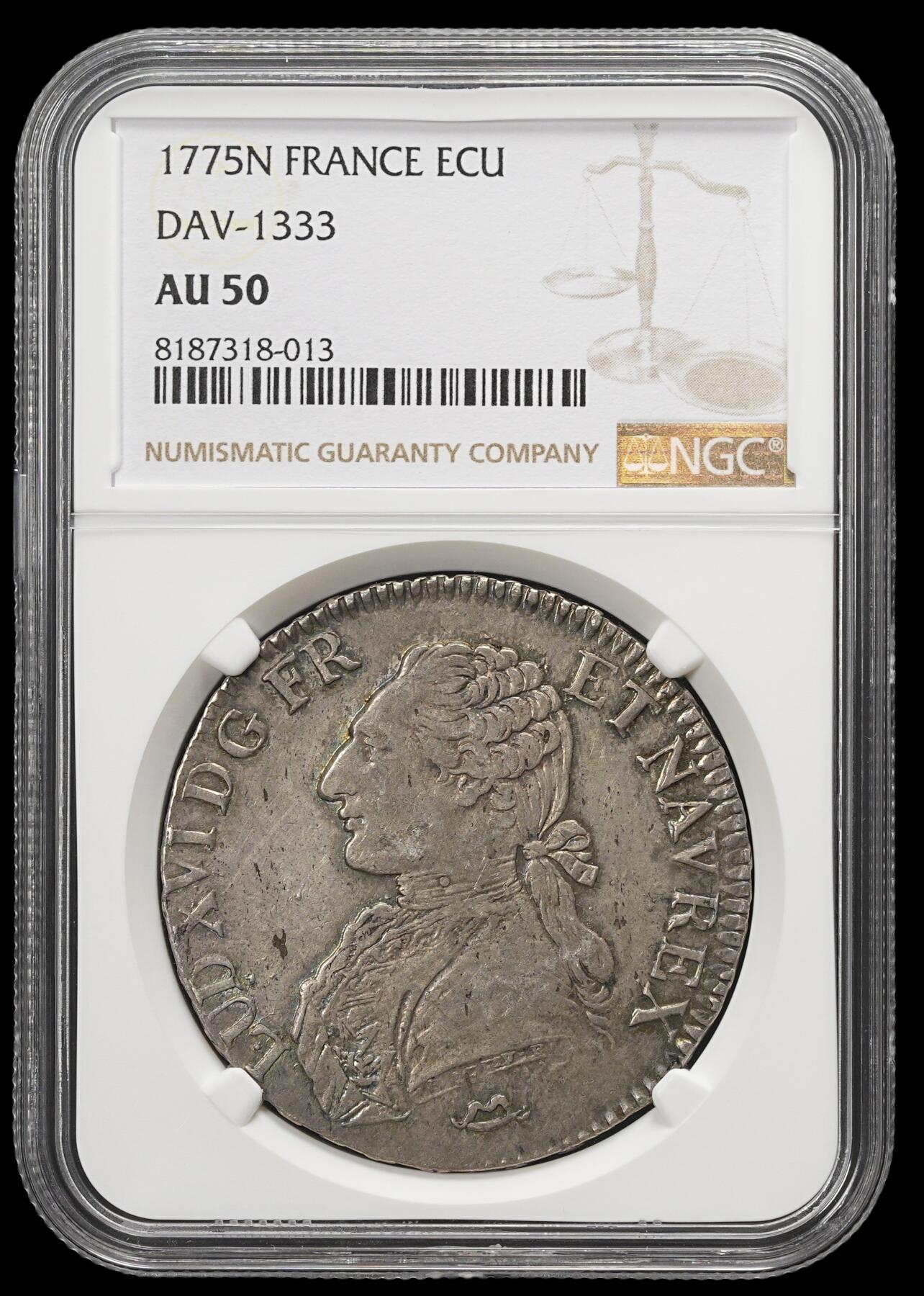 修遠堂世界钱币第四十三期 全场包邮 NGC AU50 1775年法国埃居大银币 路易十六 N厂铭 老包浆