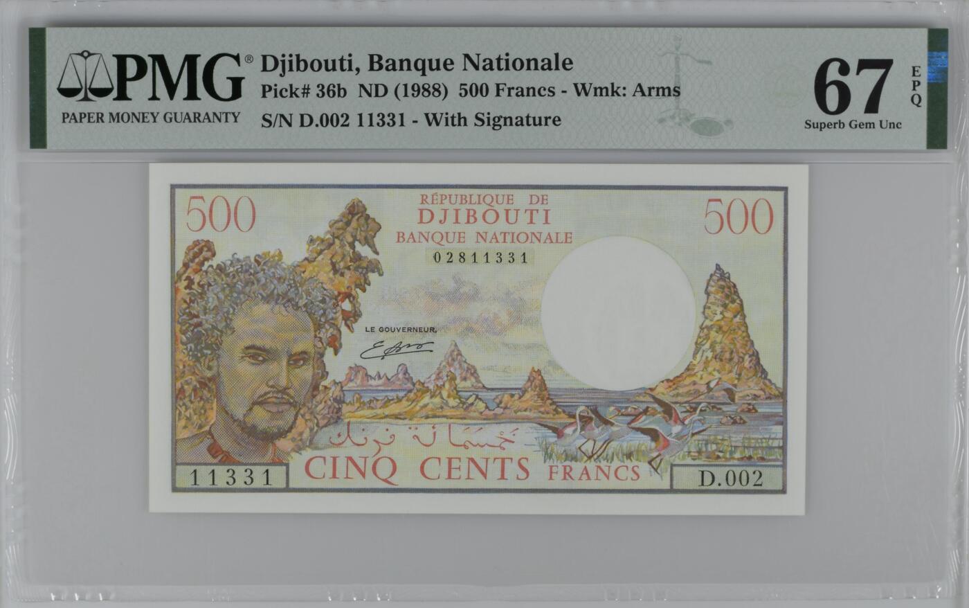 收藏联盟Quantum Auction 第383期拍卖  吉布提ND (1988)年500法郎 PMG67  号码无457 数二