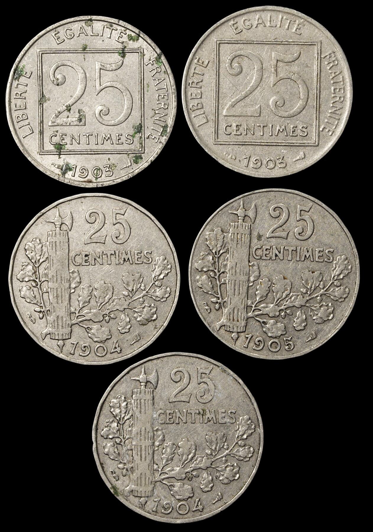 修遠堂世界钱币第四十三期 全场包邮 1903-1905年法国25分五枚